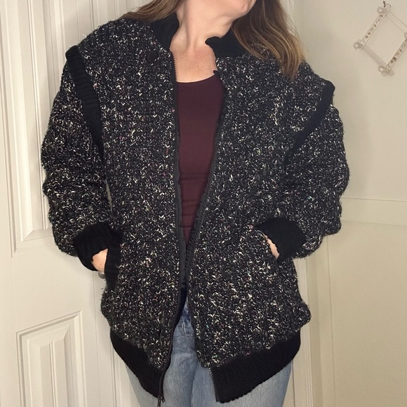 Vintage 90s Karizma Black Speckled Wool Bomber Jacket (Size S/M) - Picture 2 of 15